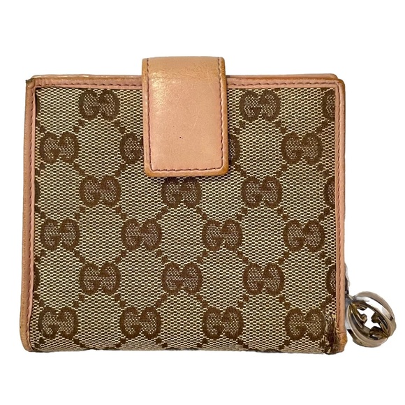 Unique GUCCI GG Bi-Fold Wallet Pink Leather & Tan Canvas w/Box GLOBE ZIPPER PULL - Picture 6 of 16